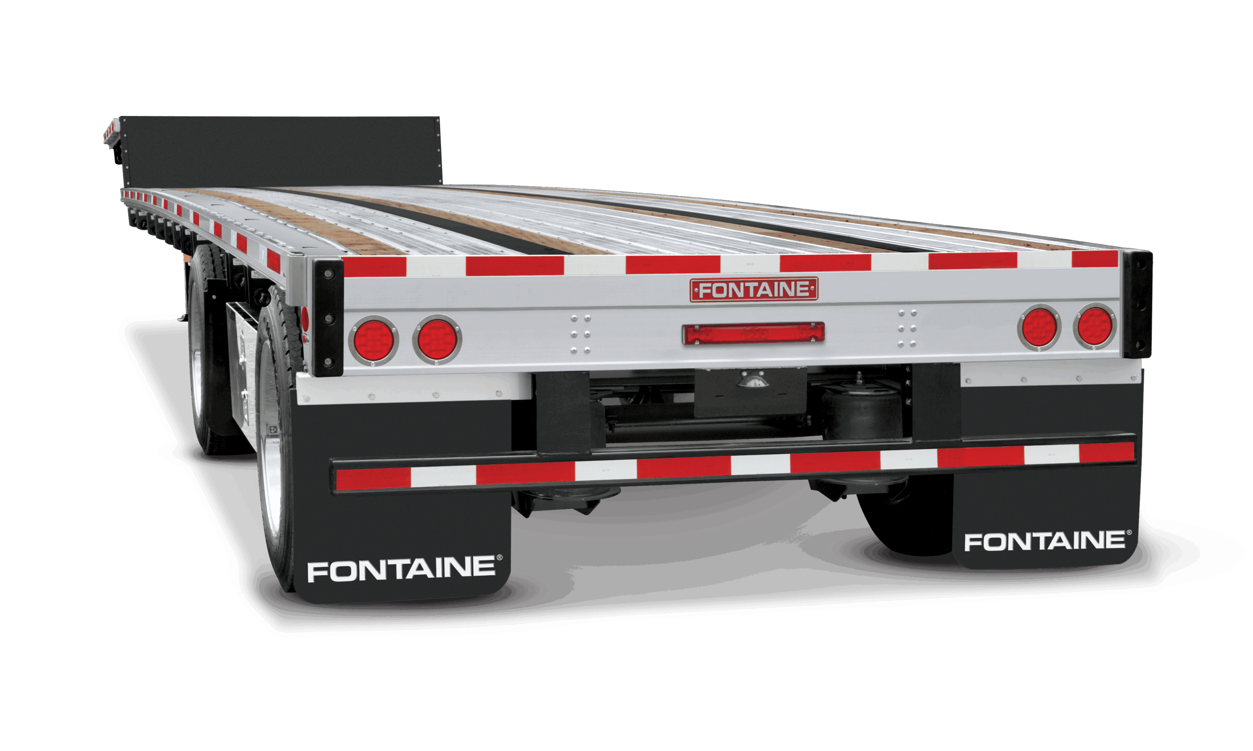 A Fontaine flatbed trailer features a sleek design with a silver surface and red reflective striping.