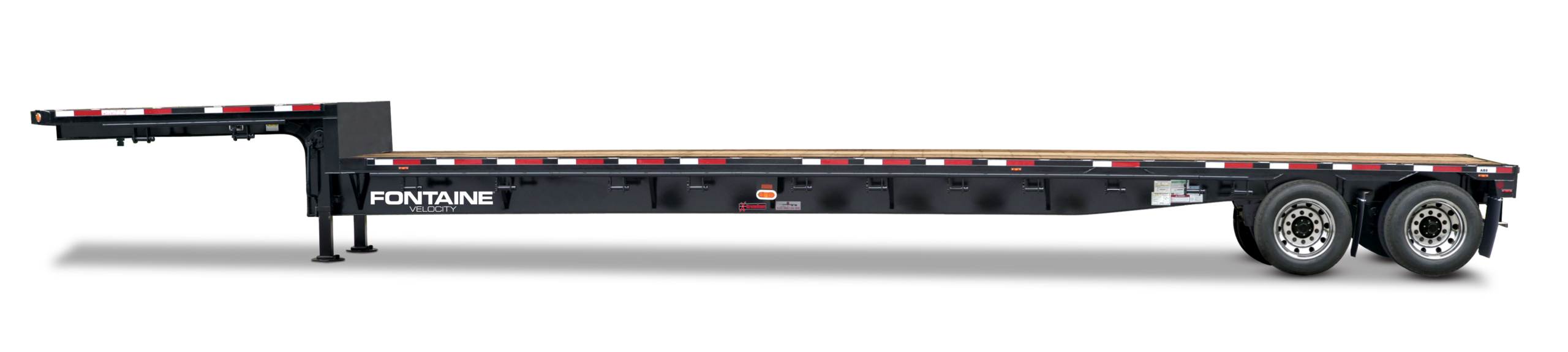 A flatbed trailer with a wooden deck and dual axles is prominently featured, showcasing a sturdy design and a black finish with red and white accents.