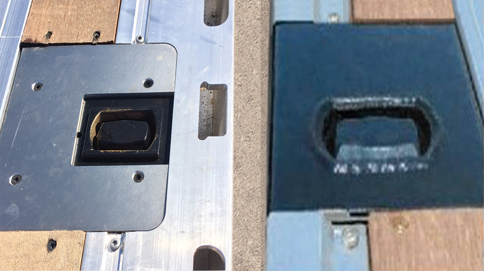 A comparison of two mounting frames showcases different designs for a recessed handle, highlighting variations in shape and finish.