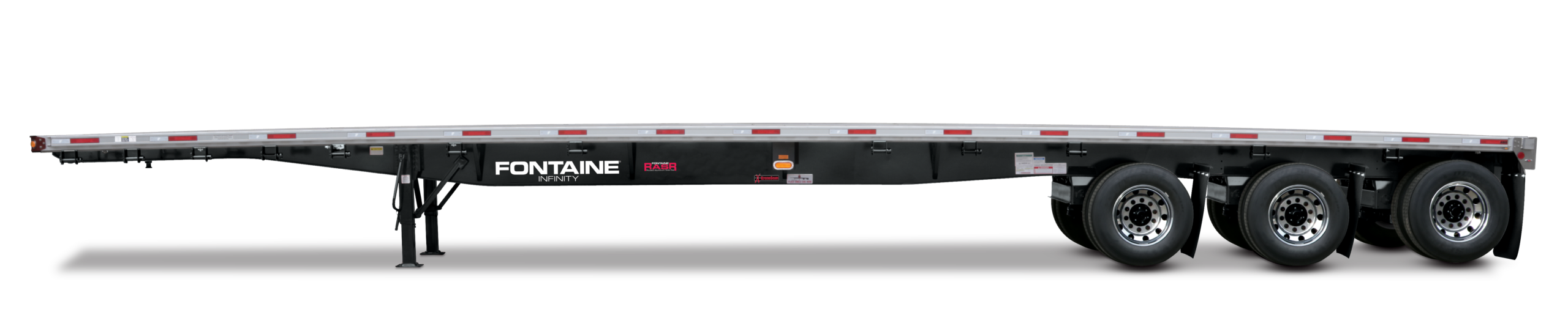 A flatbed trailer with a sleek design and multiple axles is showcased on a black background.