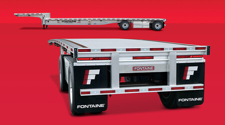 A sleek, modern Fontaine flatbed trailer is showcased against a bold red background.