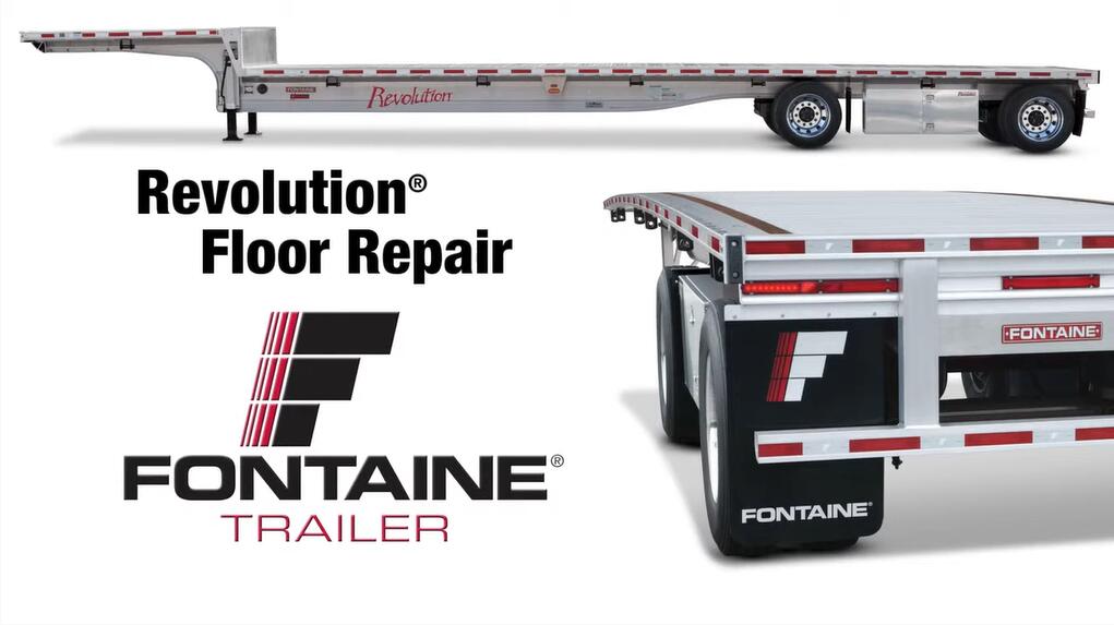 A stylish flatbed trailer featuring the Fontaine logo along with a promotional message for Revolution® floor repair.