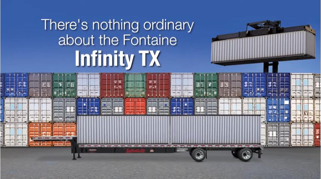 A large trailer is showcased in front of a backdrop of colorful shipping containers, with text highlighting the uniqueness of the Fontaine Infinity TX.