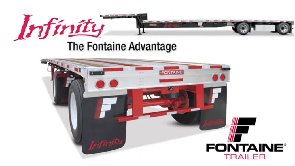 A sleek, modern flatbed trailer is prominently featured, showcasing branding for "Infinity" and "Fontaine Trailer."