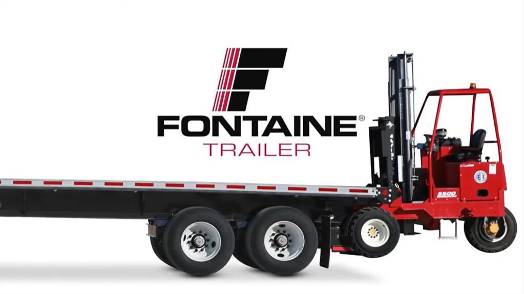 A red forklift is positioned next to a flatbed trailer, prominently featuring the Fontaine Trailer logo above.