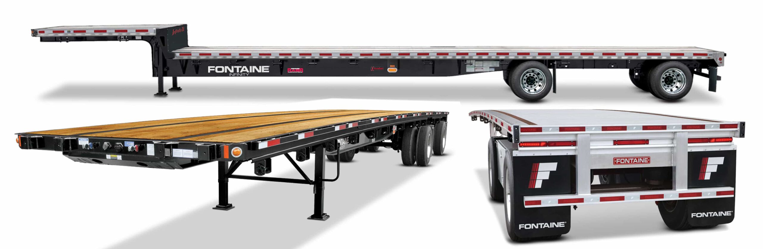 A variety of flatbed trailers featuring different designs and configurations are displayed prominently.