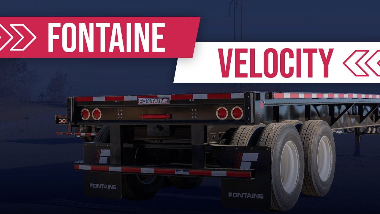 A flatbed trailer with the brand name "Fontaine" and the model designation "Velocity" displayed prominently in a bold, stylish font.