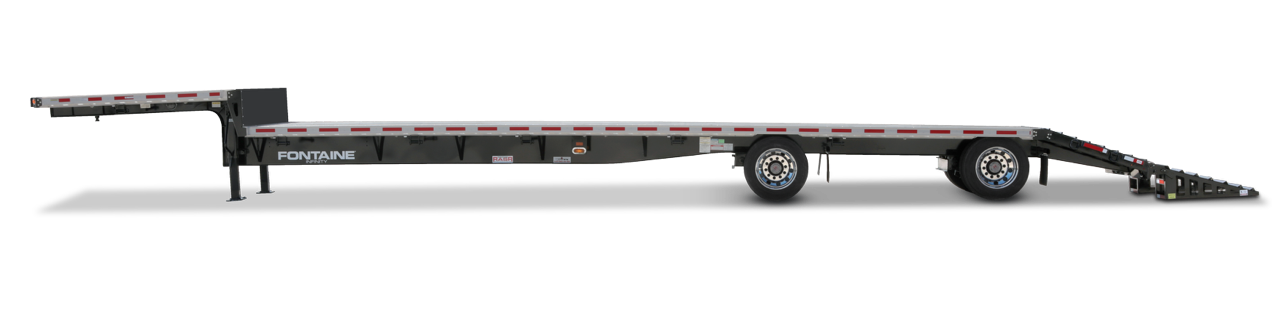 A long, flatbed trailer designed for transporting vehicles, featuring a sleek, metallic construction with wheels and a loading ramp.