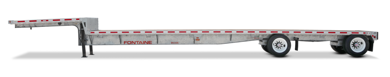 A silver flatbed trailer with red markings, designed for transporting goods, features a long, extended hitch and two white wheels.